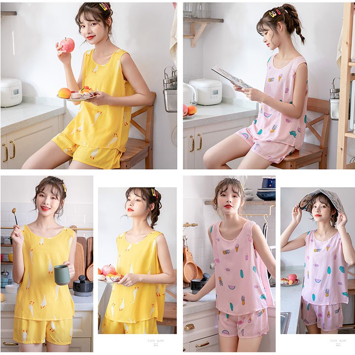 Bộ Đồ Ngủ Nữ Quần Áo Mặc Ở Nhà Mùa Hè Vải Lanh Cộc Tay Quần Ngắn Dáng Hàn Quốc Xinh BĐN23