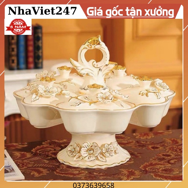 Khay Mứt Bánh Kẹo Bằng Gốm Sứ Vẽ Vàng, Hoạ Tiết 3D Đắp Nổi,Nhập Khẩu-vật trang trí Bàn,tủ,quà tặng đẹp ,giá rẻ