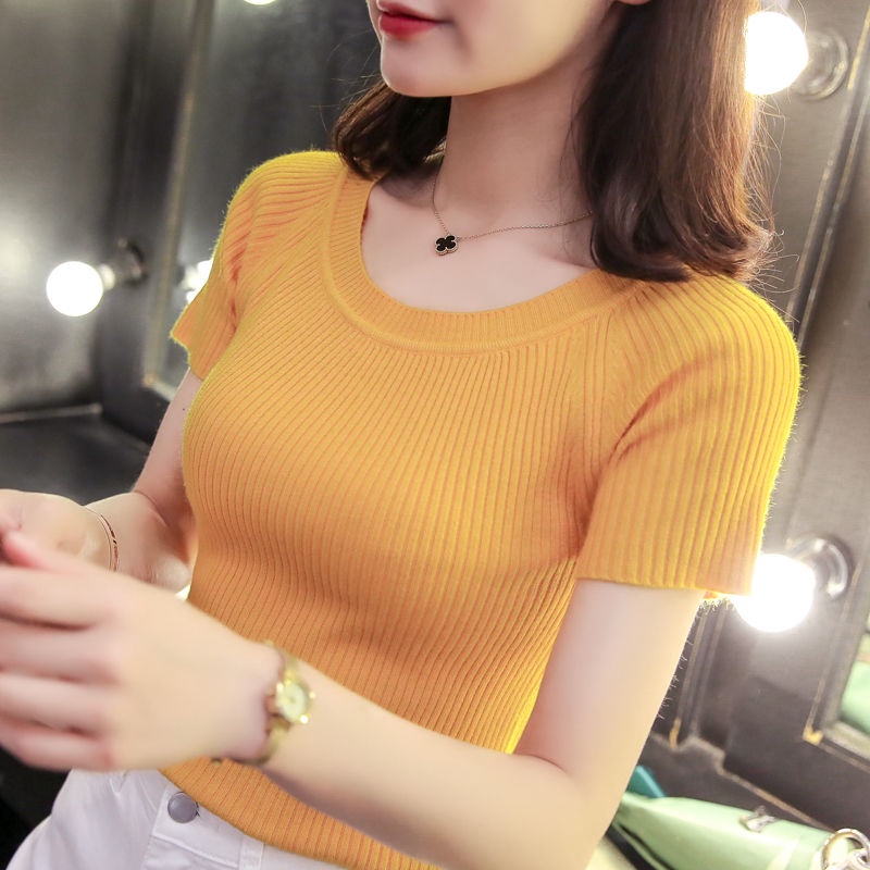 Áo Thun Dệt Kim Tay Ngắn Cổ Tròn Dáng Ôm Thời Trang Mùa Hè Đơn Giản Cho Nữ