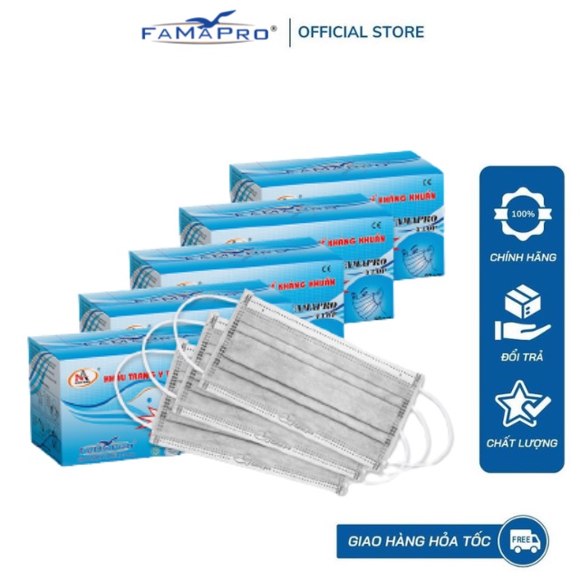 [HỘP50 CÁI] COMBO 5 HỘP Khẩu trang y tế 4 lớp kháng khuẩn Famapro 4U