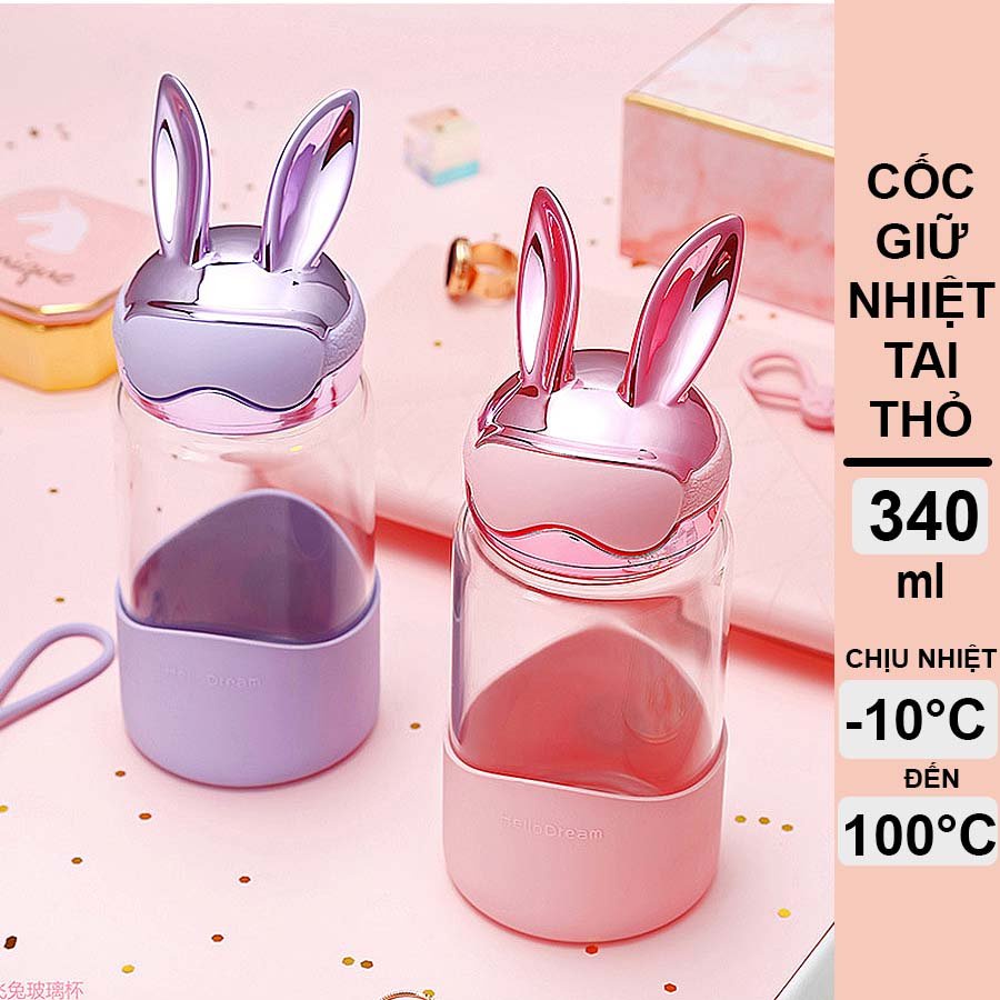 Bình Nước Thủy Tinh Tai Thỏ Dễ Thương 340ML H-6042
