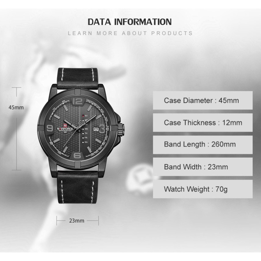 NAVIFORCE NF9177 Thương hiệu sang trọng hàng đầu Da thể thao không thấm nước Ngày Đồng hồ thạch anh nam tương tự