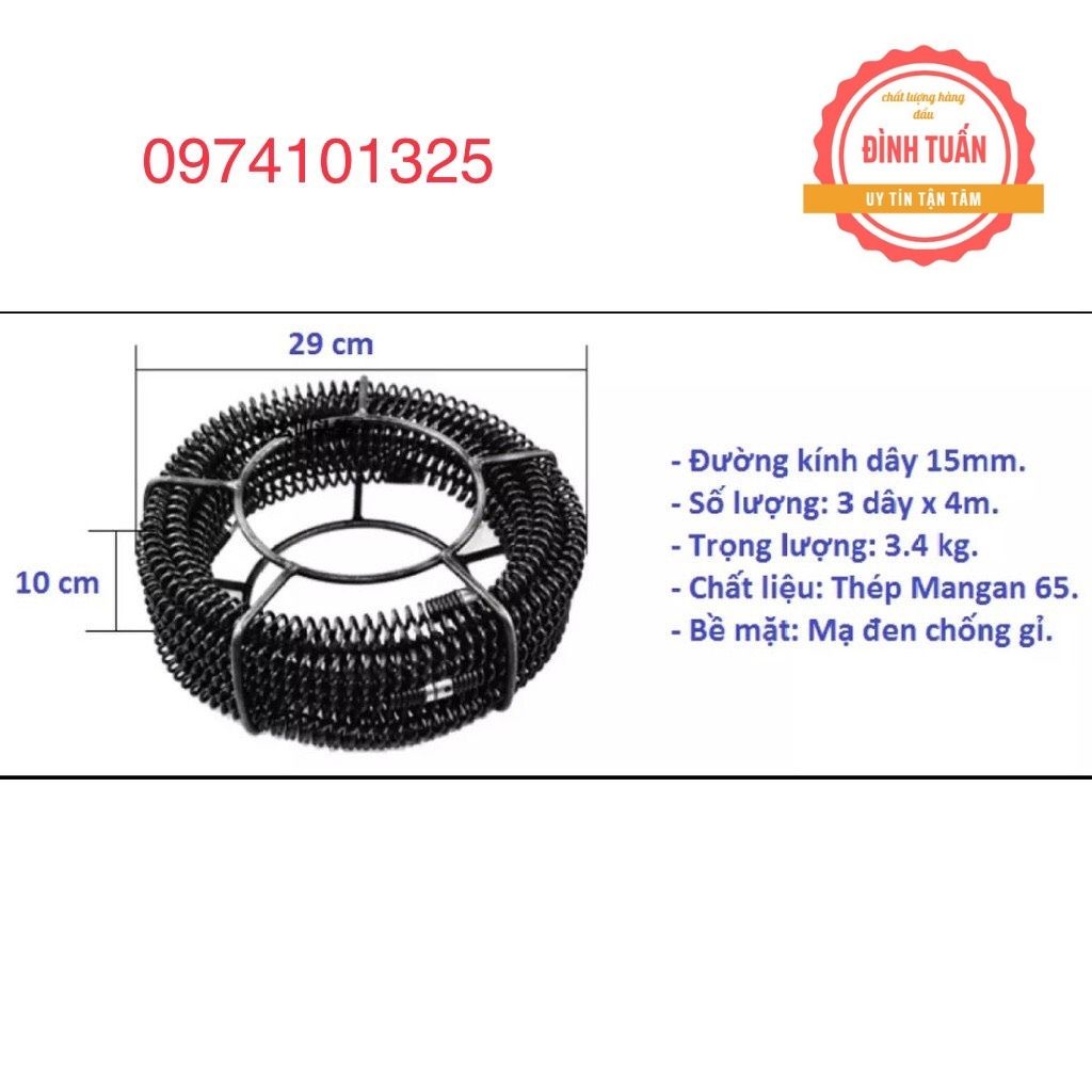 Dây thông tắc cống, bồn cầu, bồn rửa dùng cho máy khoan (kèm (9m +6m) dây lò xo phi 16 + 6 đầu thông + 1 đầu kết) nối