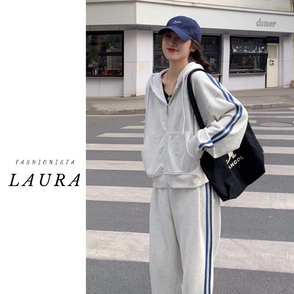 Set áo khoác nỉ dài tay 3 sọc kèm quần dài bo ống Laura Boutique - Set áo khoác quần thụng kẻ sọc xám năng động
