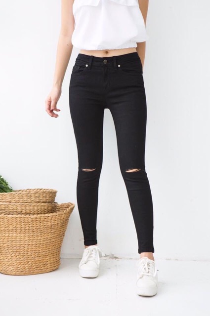 Quần Jean Skinny Đen Rách Gối Xuất Chuẩn