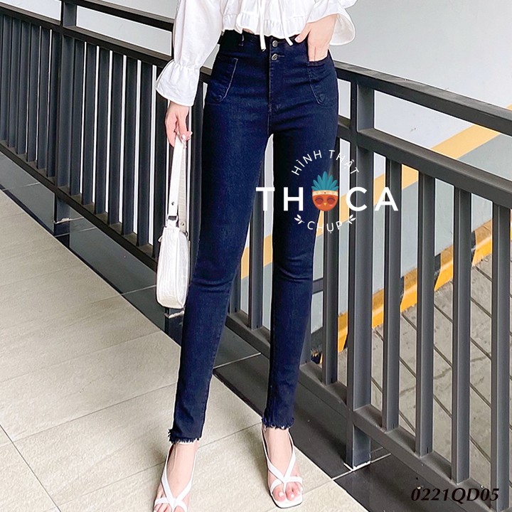 Quần jean nữ skinny dài 2 nút túi bầu kiểu tua THOCA HOUSE màu đen, xanh tôn dáng cao chân dài, dễ phối đồ