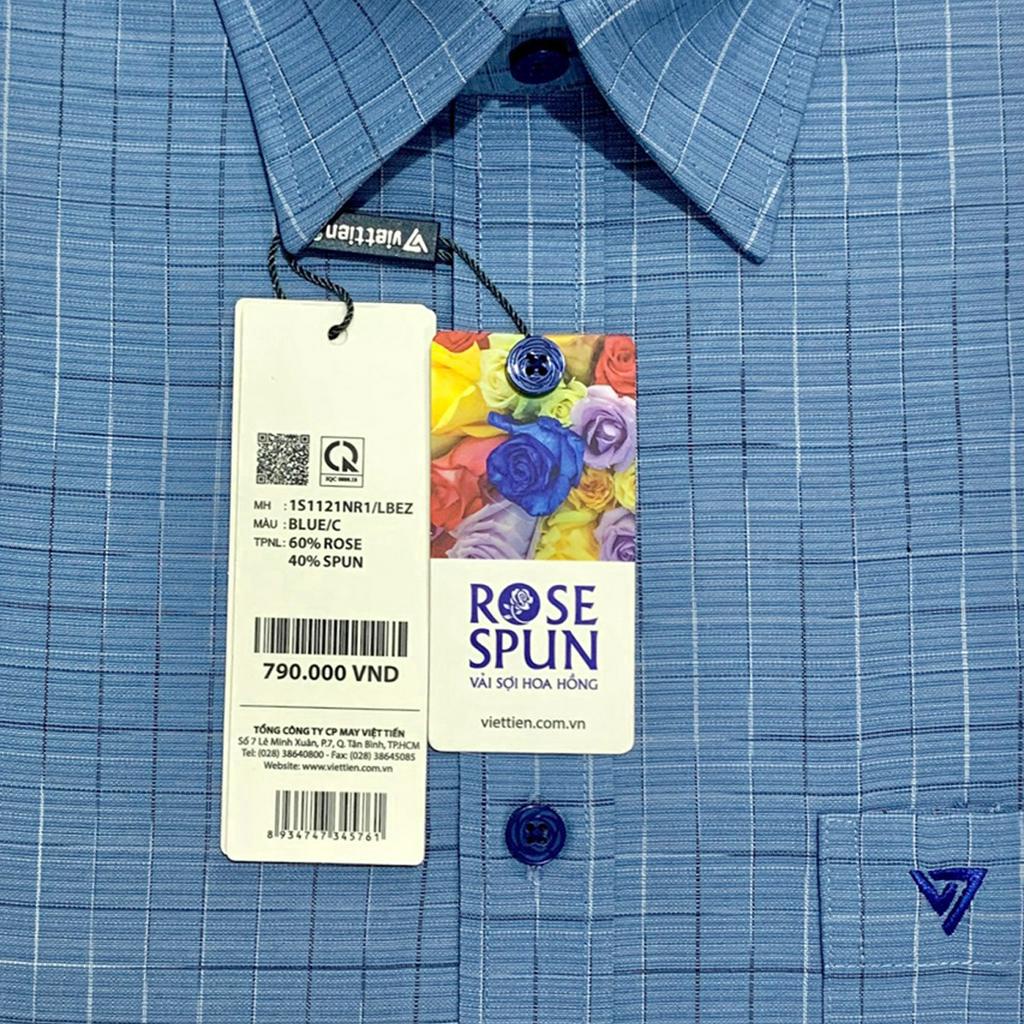Viettien - Áo sơ mi nam dài tay ca rô cao cấp 1S1121 Regular Xanh Vải sợi hoa hồng