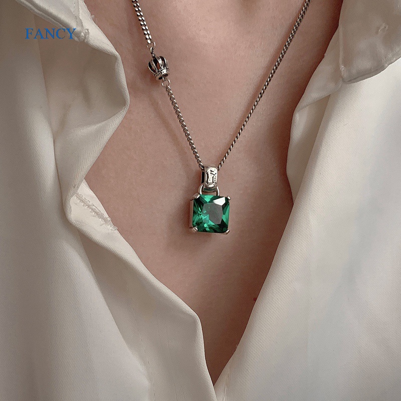 Dây Chuyền Mạ Bạc 925 Mặt Vương Miện Đính Đá Zircon Xanh