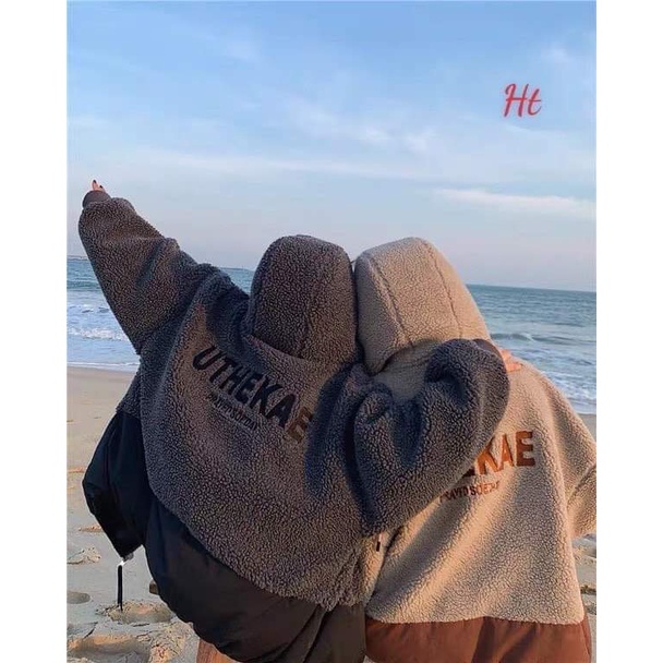 Áo KHOÁC lông phối nỉ mũ UTHE 3 màu: be, đen, xám Chất lông mịn phối nỉ, túi khoá sịn xò