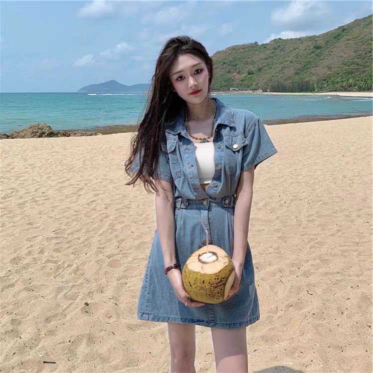 Đầm Denim Cổ Polo Tay Ngắn Lưng Cao Co Giãn Tốt Thiết Kế Đơn Giản Thời Trang Mùa Hè Cho Nữ 2022