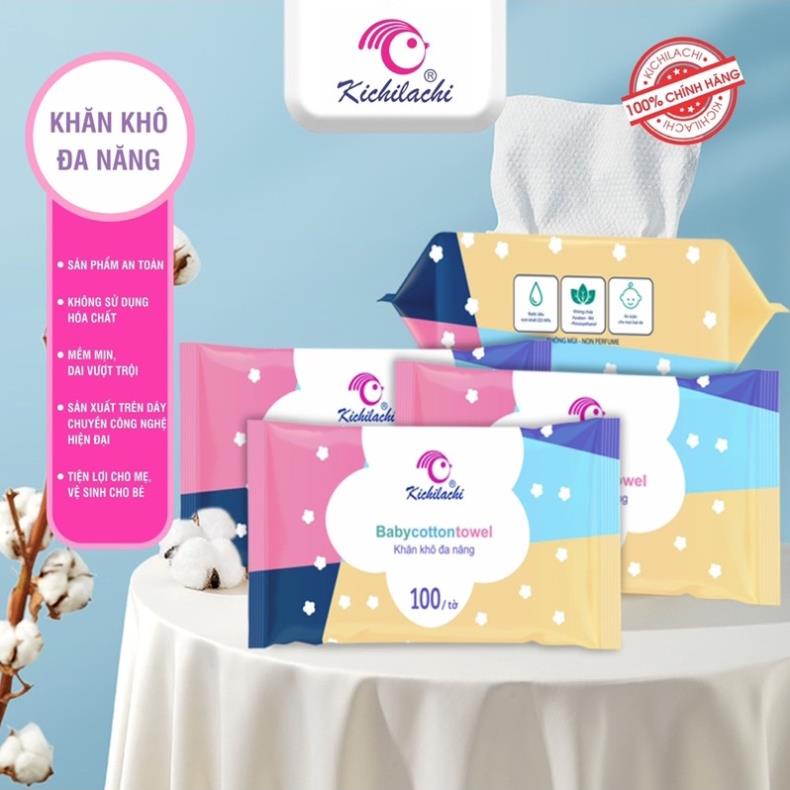 Khăn giấy khô đa năng Kichilachi công nghệ kháng khuẩn gói 100 tờ tiện lợi cho bé