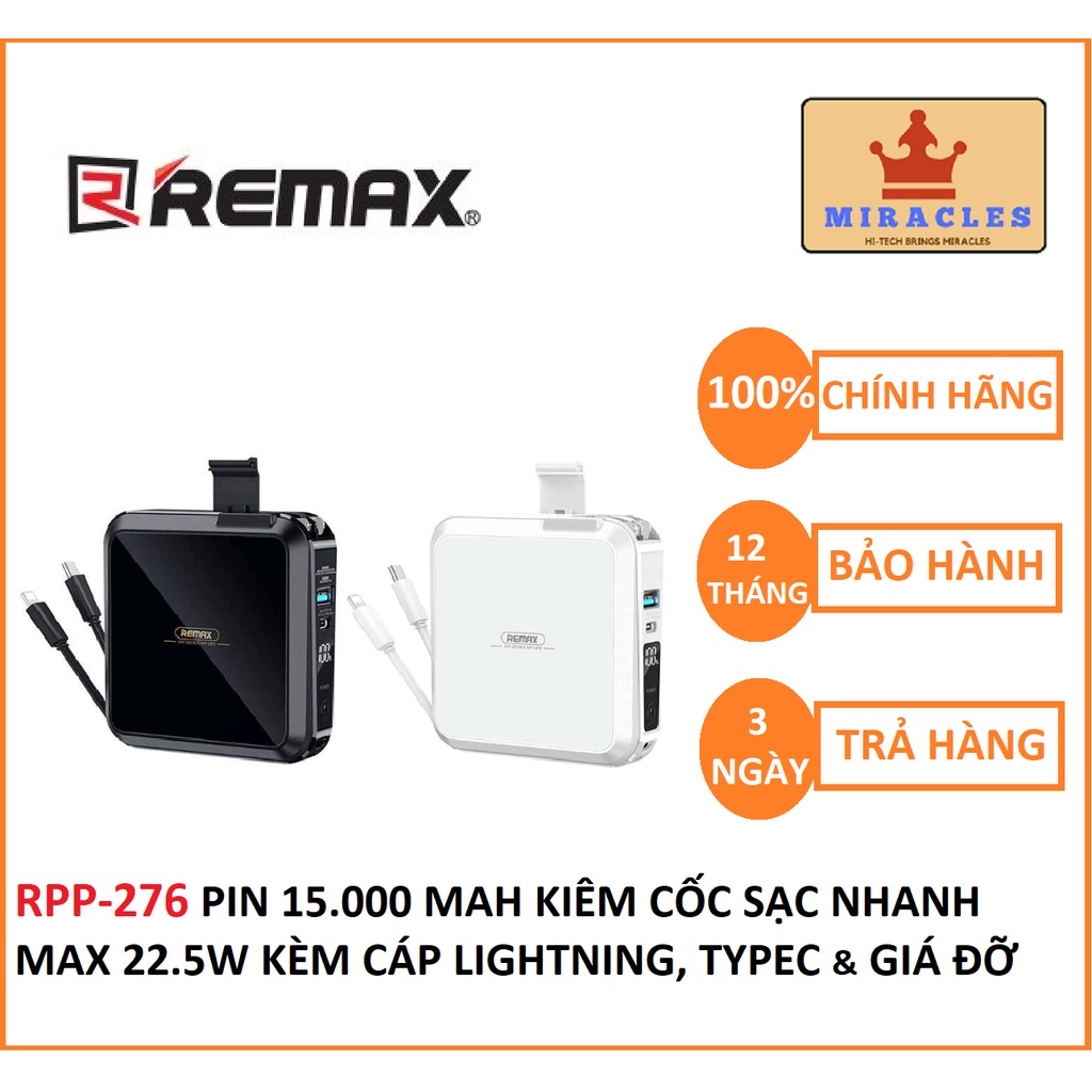 Pin Dự Phòng kiêm Sạc Nhanh 22.5W REMAX RPP-276 15000mAh tích hợp Cáp Sạc & Giá Đỡ điện thoại
