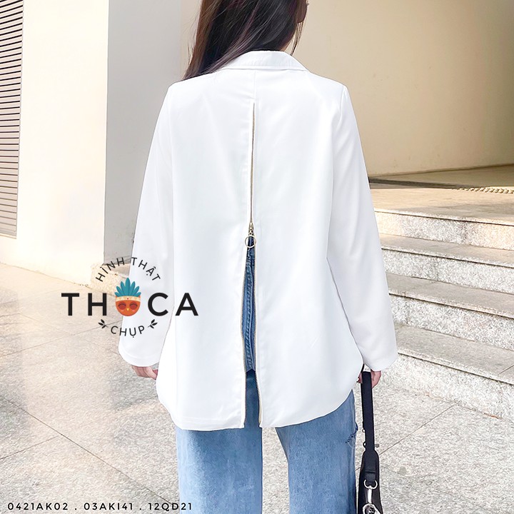 Áo blazer khoác vest trắng túi nấp thiết kế dây kéo tà sau THOCA HOUSE công sở thanh lịch, sang trọng