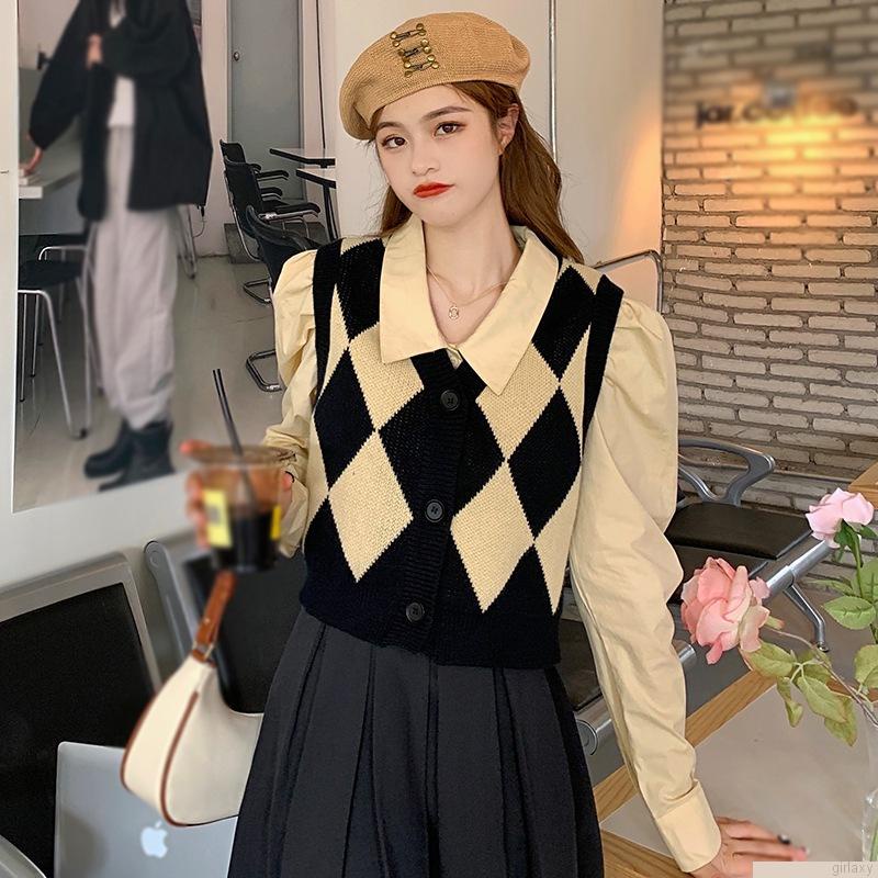 Áo croptop dệt kim không tay cổ chữ V dáng rộng phong cách retro Hàn Quốc cho nữ