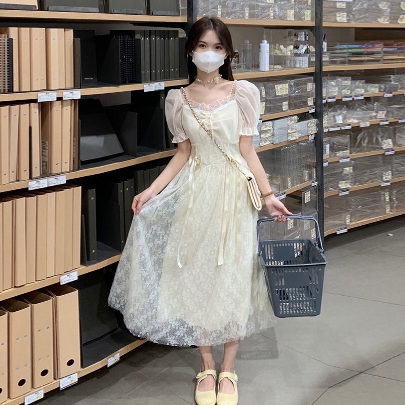 🌷Váy trắng cộc tay dáng dài kèm nơ eo ulzzang (Có ảnh thật)
