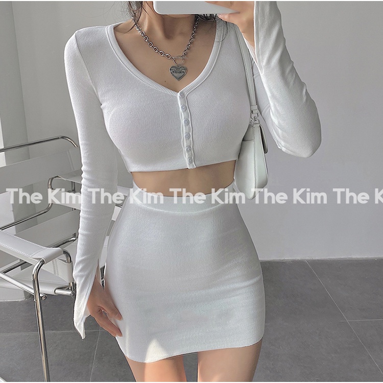 Bộ 2 món áo len tăm dài tay croptop cúc ngực - chân váy ngắn cạp cao , set len tăm ôm body sexy The Kim SV127 | BigBuy360 - bigbuy360.vn