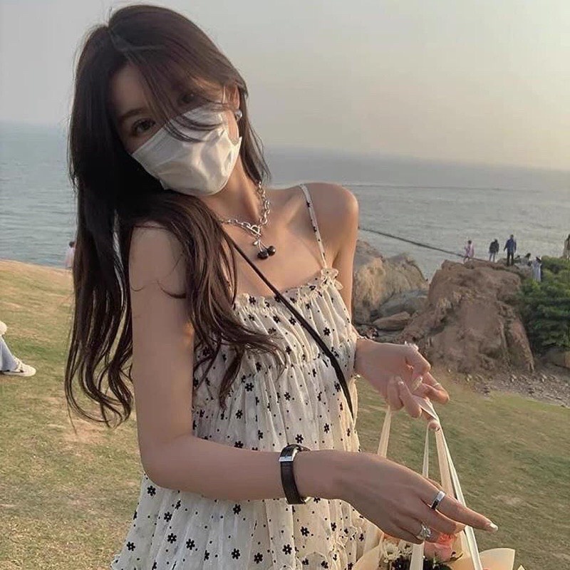 Đầm Hoa🌸Váy Hai dây chấm bi phối form rộng xoè dài bánh bèo tiểu thư mặc đi Biển đi Chơi cá tính Ulzzang