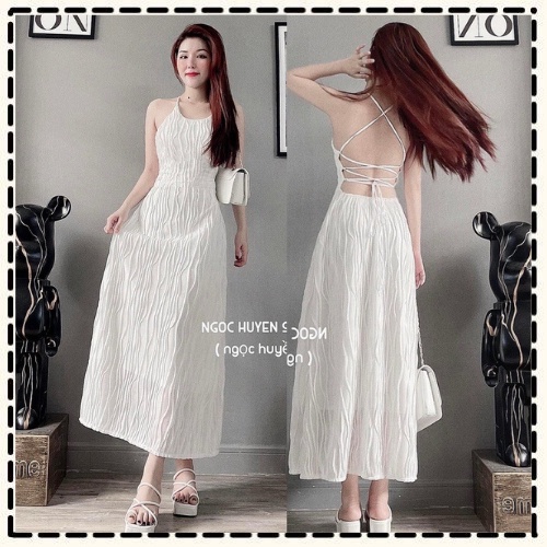 Đầm Trắng Đi Biển Hở Lưng Cổ Yếm, Đầm Cột Dây Lưng Đi Biển Trắng Tinh Khôi