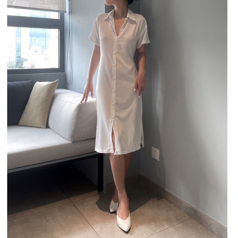 Đầm sơ mi trắng GUINE SHIRT DRESS  dài thắt dây, Đầm suông trắng
