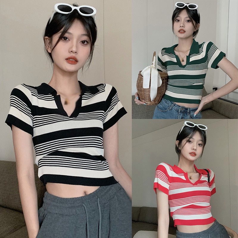 Áo Croptop Dệt Kim Cổ Bẻ Dáng Ôm Thời Trang Retro Cho Nữ