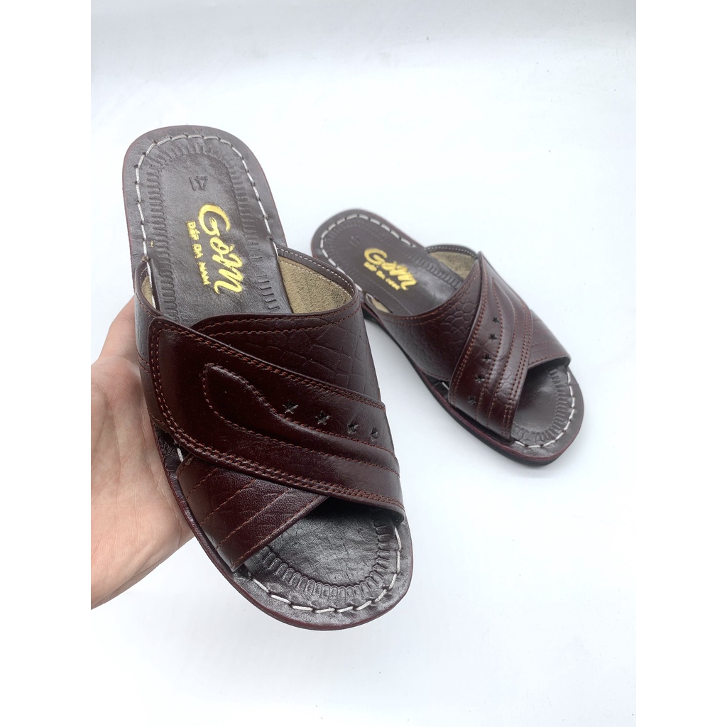 Dép Nam da bò THẬT 100% màu nau thập niên 90 hiệu Gòm tn90, quai da , mặt da, lót da, quai khâu xuyên đế, đế cao 2cm