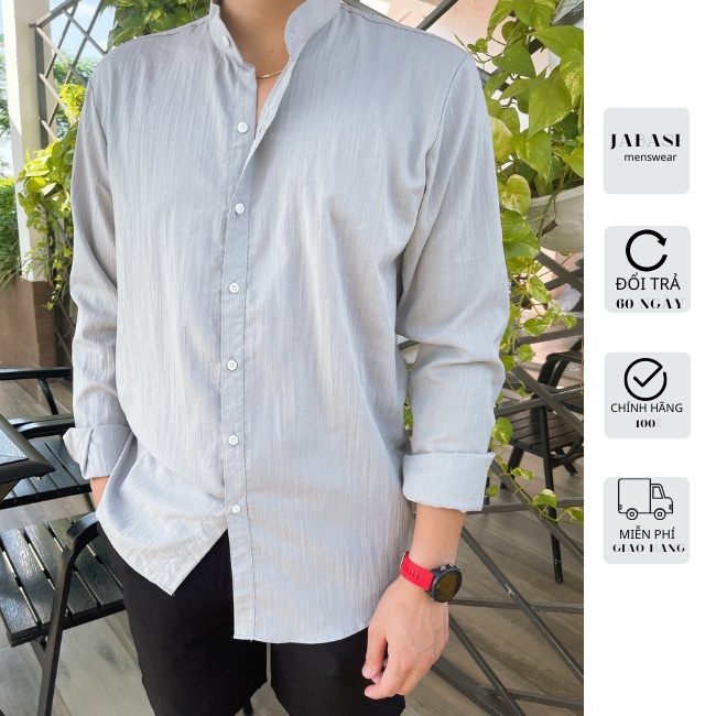 Sơ mi đũi cổ tàu nam dài tay hàn trắng ,đen hàng vải đũi xước mỹ cao cấp ôm dáng thời trang trẻ