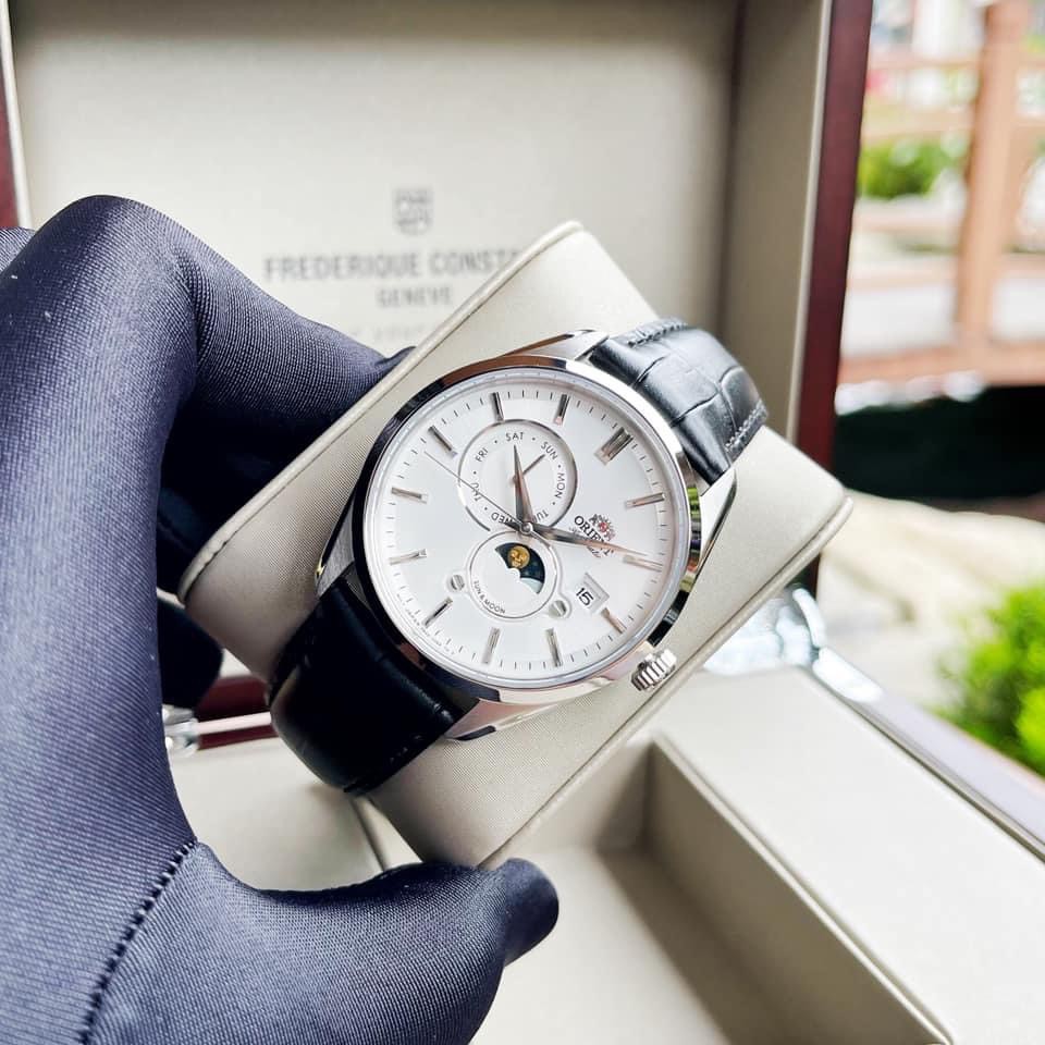 Đồng hồ Nam Orient Sun Moon 5 RA-AK0305S00C/RA-AK0305S10B Size 42mm,Mặt trắng,Lịch-Máy cơ tự động-Dây da đen cao cấp