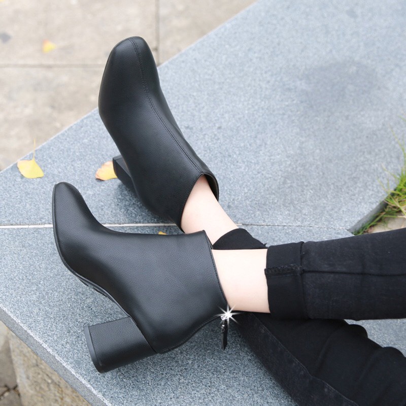 Giày Bốt nữ công sở da lì kéo khóa sau bên trong có lót nỉ gót cao 5 phân | BigBuy360 - bigbuy360.vn