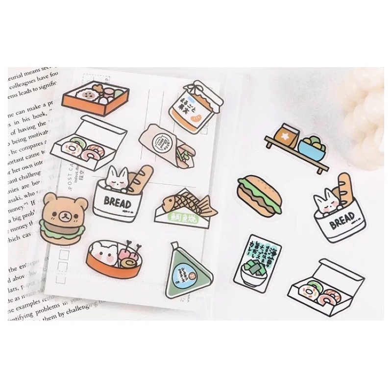 Set 40 stiker / miếng dán pvc trang trí sổ tay / cốc / bình / ốp điện thoại / laptop bánh mì, kem, snack