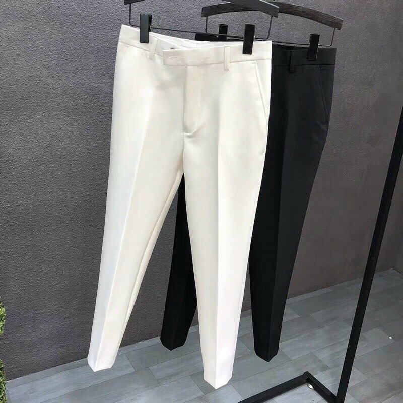 Quần tây âu nam màu trắng vải dày co giãn không bai màu không xù ống côn dáng Hàn Quốc