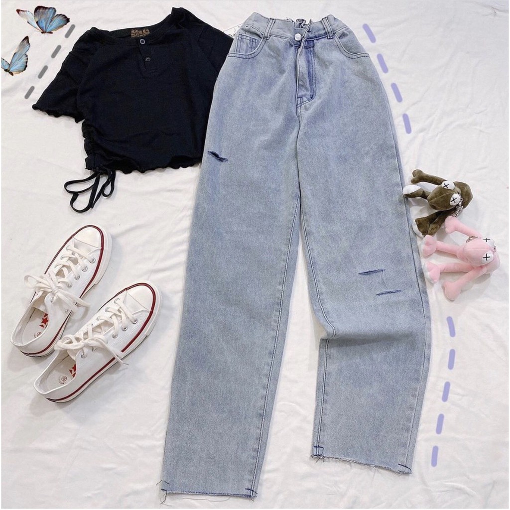 Quần Baggy Jean Nữ 3 Rách Kèm Lưng Thun Sau, Chất Bò Màu Xanh ULZZANG Cực Chất - 511