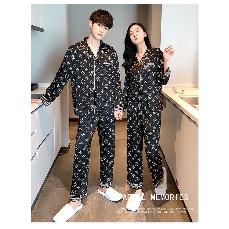 Bộ đồ ngủ tay dài chất lụa mỏng thời trang mùa xuân thu thoáng mát dành cho cặp đôi