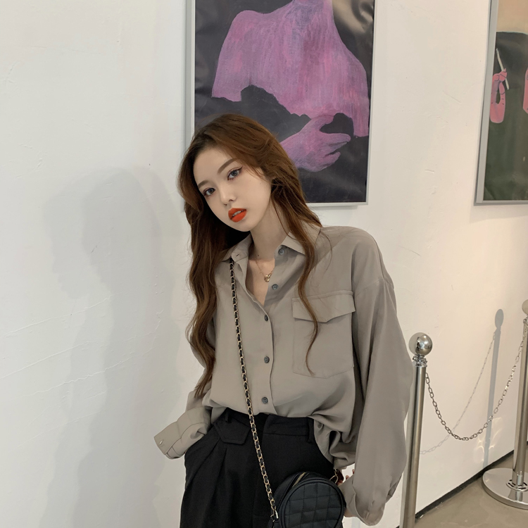 Áo Sơ Mi Tay Dài Dáng Rộng Màu Sắc Đơn Giản Phong Cách Retro Hàn Quốc