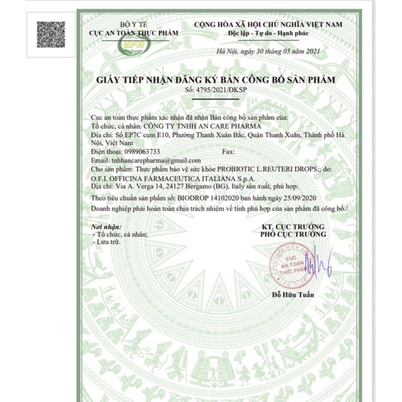 Probiotic L. Reuteri Drops- Men lợi khuẩn Lactobacillus reuteri LR92, nhập khẩu chính hãng Italy. Lọ 10ml