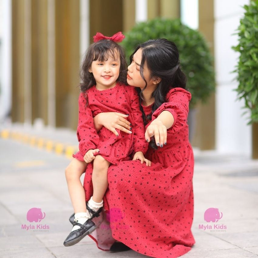 Set váy thu đông mẹ và bé gái, váy xòe công chúa chấm bi đỏ cho bé 1-2-3-4-5-6-7-8-9-10 tuổi Mylakids
