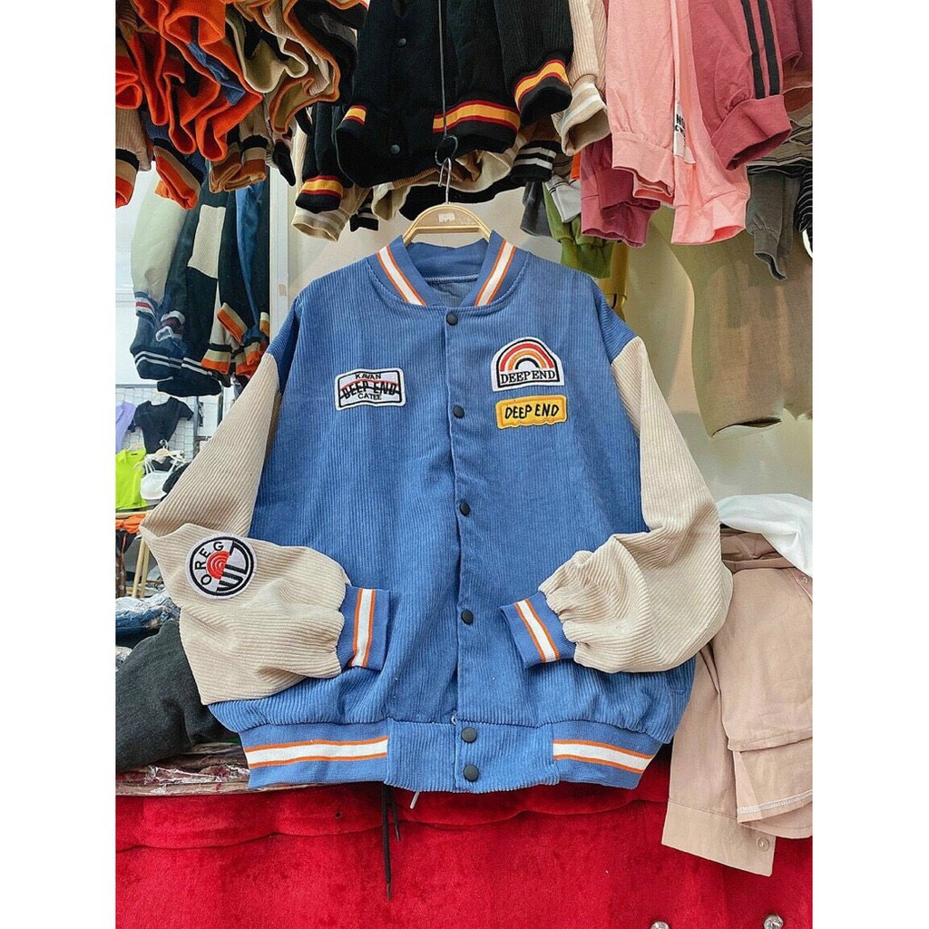 [Ảnh Thật] Áo Khoác Bomber Nhung gân form rộng phối màu siêu cute [Video Thật]