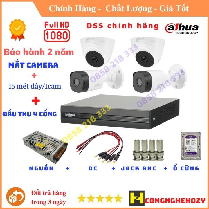 Bộ đầu thu 4 camera DAHUA FullHD 1080p ổ cứng tới 2TB, tặng mỗi camera 15m dây