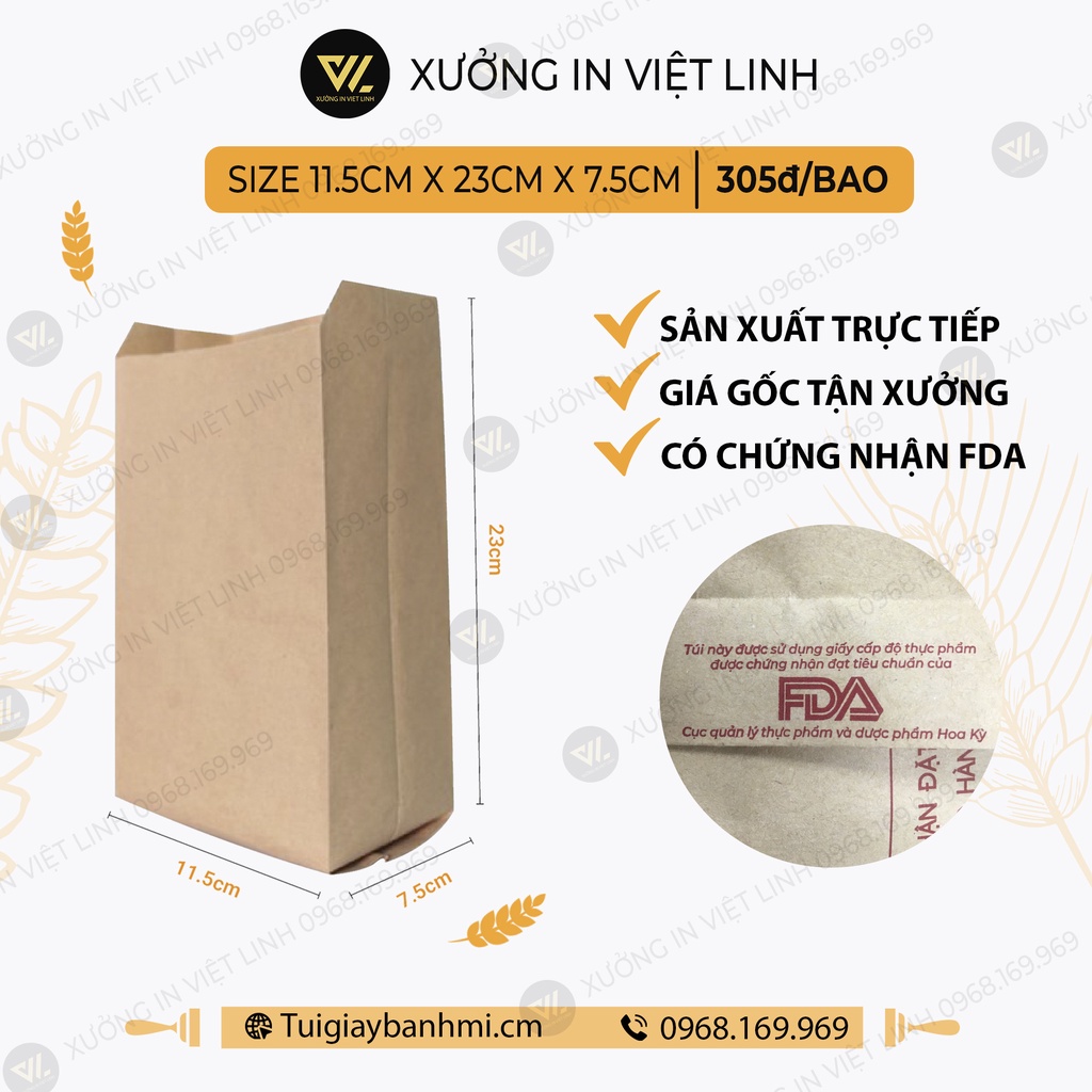 Combo 100 túi giấy bánh mì B1 loại giấy kraft siêu dày kích thước 8.5 cm x19 cm x 4.5 cm tiêu chuẩn về an toàn thực phẩm
