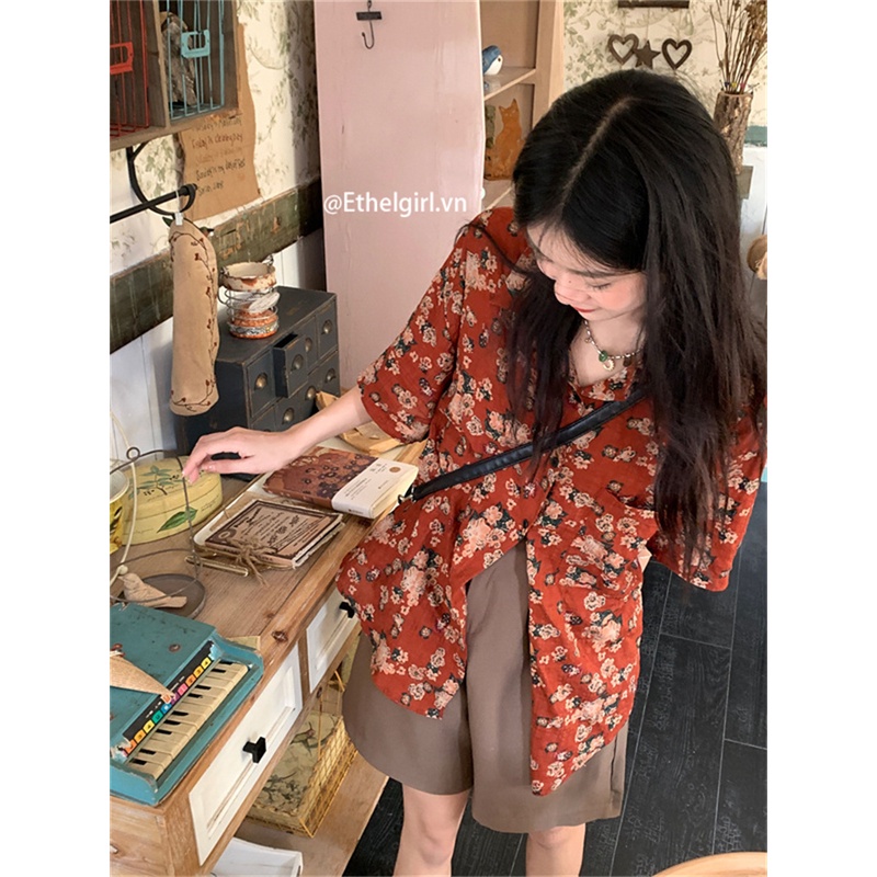 Áo Sơ Mi Tay Ngắn Dáng Rộng In Hình Hoa Hồng Phong Cách Vintage