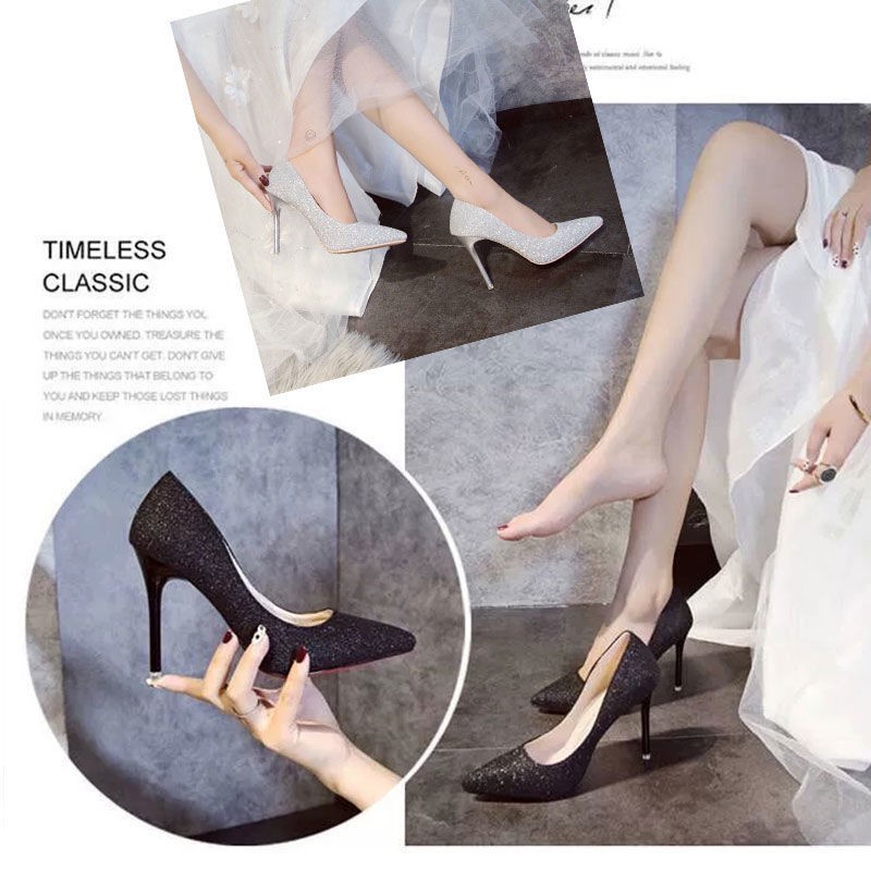 Giày Cao Gót Mũi Nhọn 45 42 Đính Kim Sa Lấp Lánh Thời Trang Cho Phù Dâu