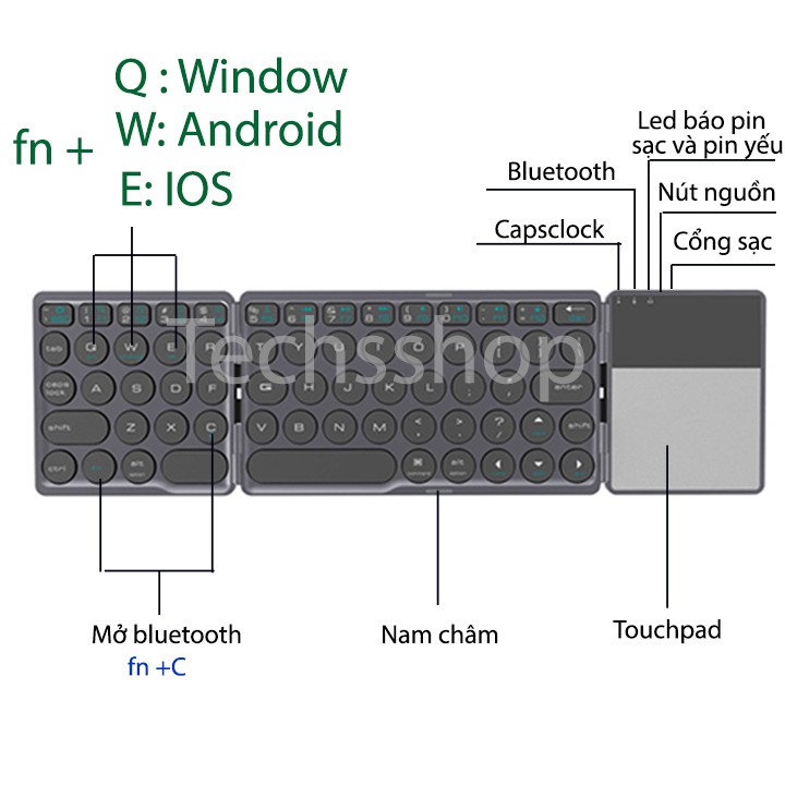 Bàn phím bluetooth không dây gấp gọn có chuột cảm ứng - Loại phím tròn mới