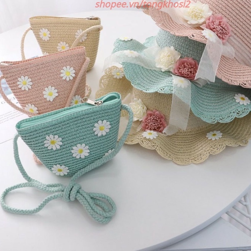 (COMBO - Mũ+Túi ) Mũ cói rộng vành kèm túi cho bé gái T2 - #mutui
