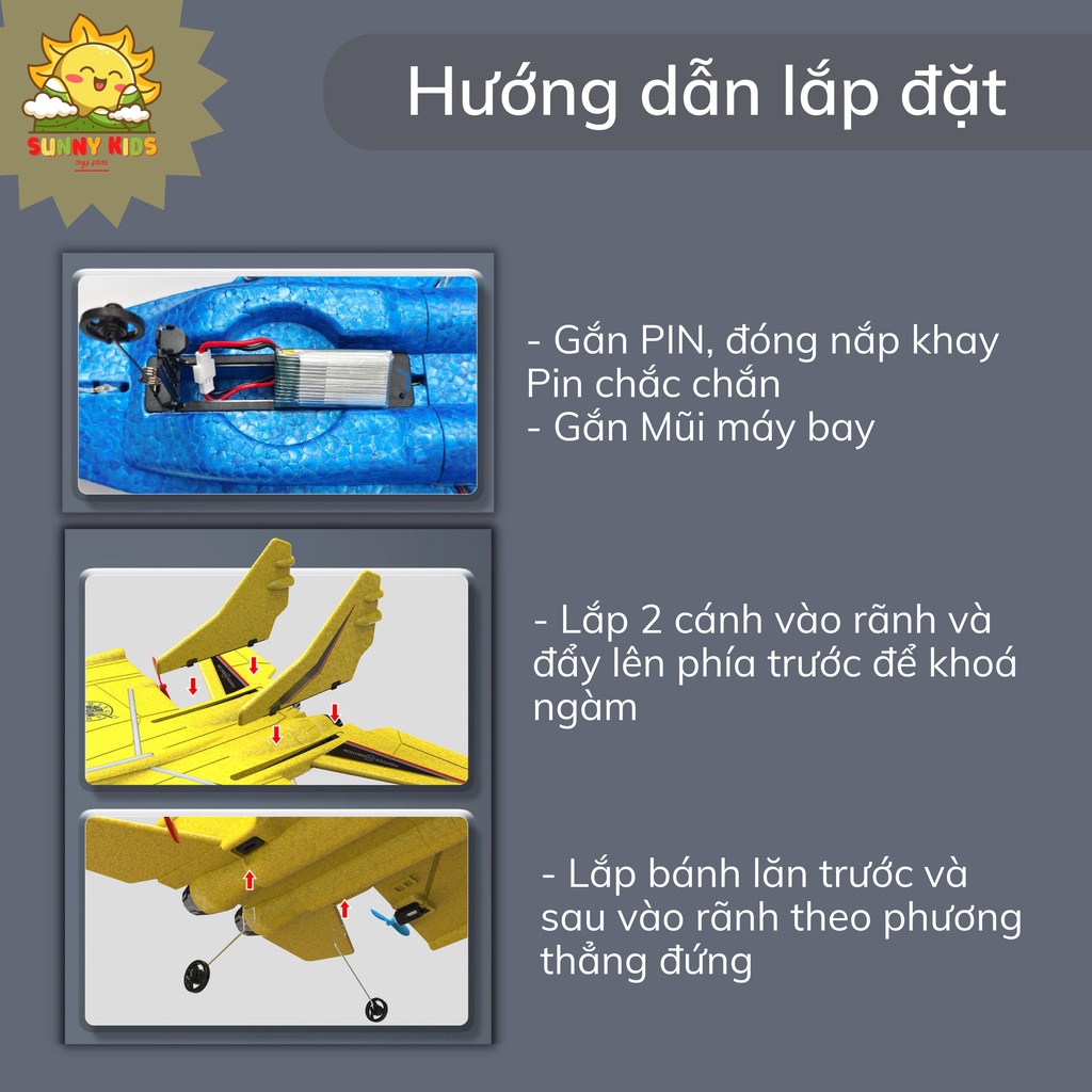 Đồ chơi Máy bay xốp điều khiển từ xa HW-37, kích thước lớn, vật liệu nhẹ, siêu bền, tầm bay 100m, PIN 20p - Sunny Kids