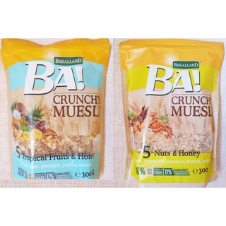 Combo 2 Ngũ cốc ăn sáng giảm cân Bakalland Crunchy Muesli trái cây sấy dinh dưỡng cao cấp đủ loại 300gr NK Ba Lan