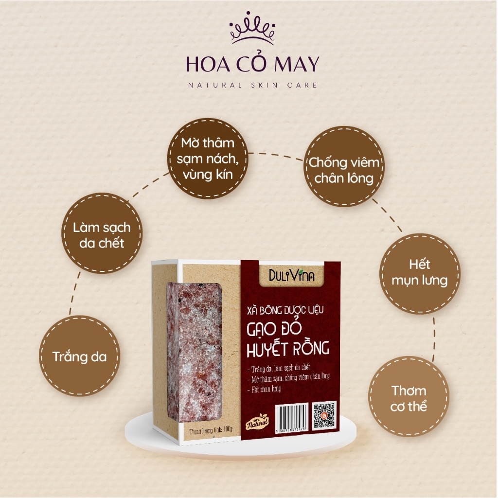 Xà phòng thảo dược Gạo Đỏ Huyết Rồng, Soap gạo làm sạch sâu, dưỡng trắng da tự nhiên 100g Dulivina | BigBuy360 - bigbuy360.vn