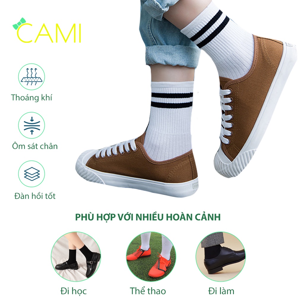 Vớ  thun cotton dạng gân 2 sọc thoáng khí, co giãn tốt, dùng cho nam và nữ - Cami - CMPK215