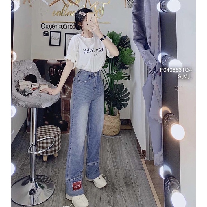 Quần jean dài lai lật cao đính tem và thêu Chữ các kiểu TT0408