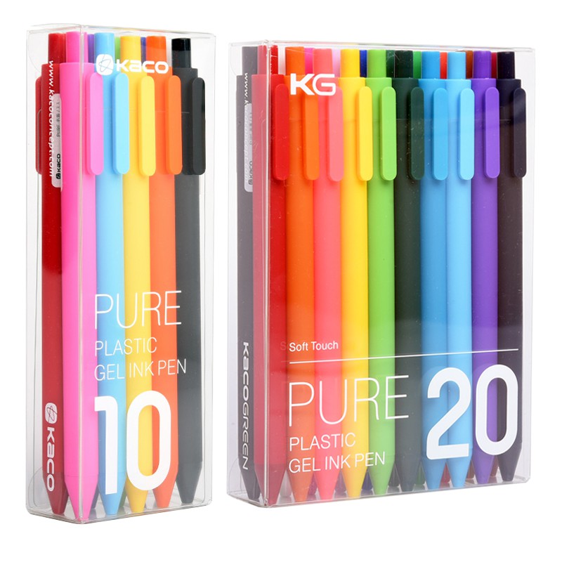 Bộ 10 bút bi gel KACO PURE nhiều màu mực đen (chính hãng)