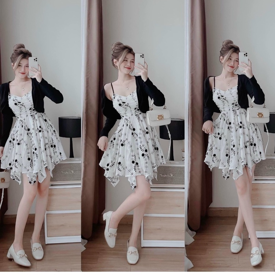 Set váy 2 dây dáng xòe in họa tiết hoa kèm áo khoác đen tay dài sang chảnh thiết kế dự tiệc dạo phố XM đầm Minh Phúc