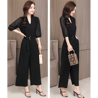 Jumpsuit cổ V tay voan thanh lịch
